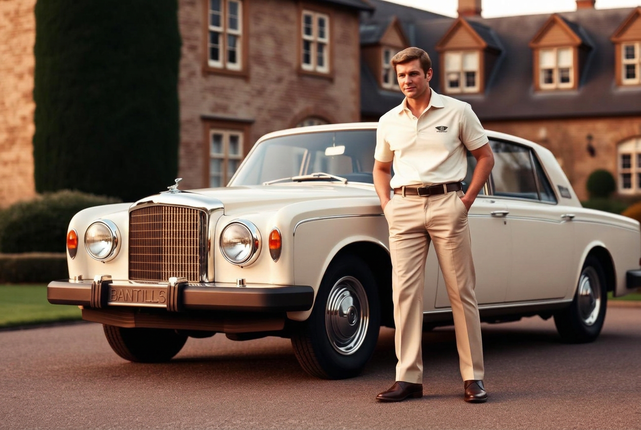 A man in a cream polo beside a vintage motor car outside an English country house